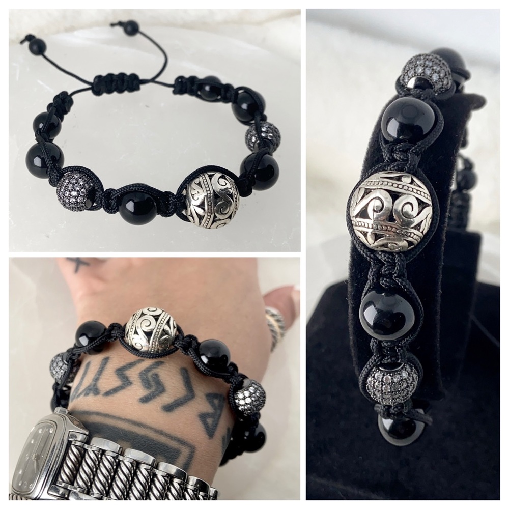 Gemstones cz bracelet . Rock chic black onyx cz & silver viking bead charms